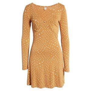 BP Dress Long Sleeve Print Knit Tan Warpy Dot Mini Casual White Neutral